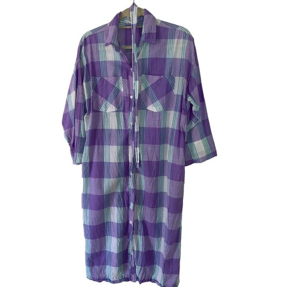 Chandni Vintage Womens Shirt Dress Size Medium Purple Plaid Belted Pure Cotton - Picture 1 of 10